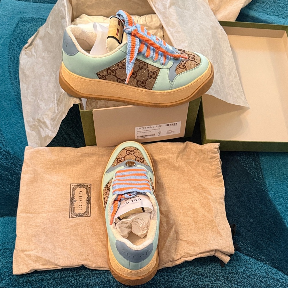 Gucci women /unisex Blue and Brown Sneakers with crystal GG embellishment